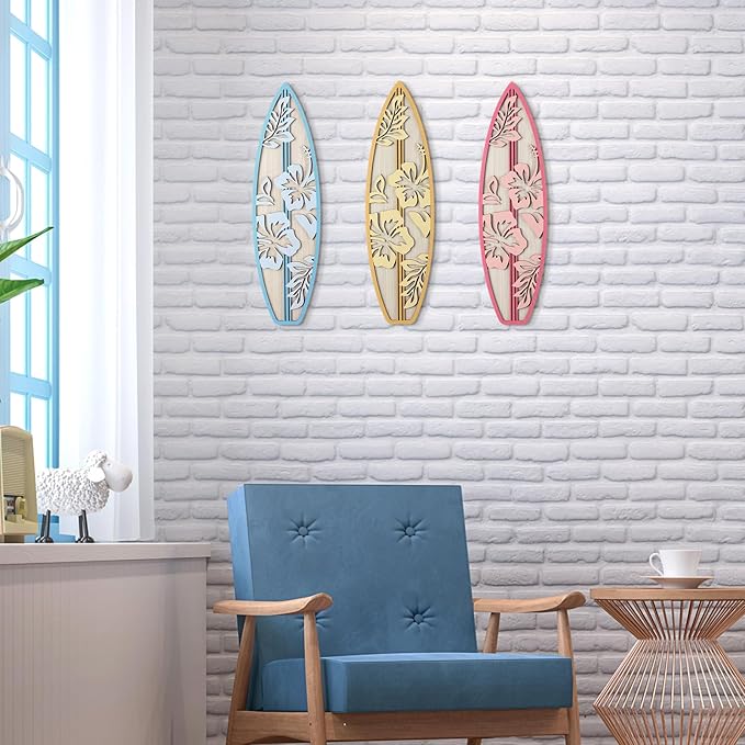 RattanView 3 Pieces Hibiscus Surfboard Decor for Bedroom Wooden Beach Wall Decor Summer Wood Surfboard Wall Hanging Sign for Tropical Living Room Decoration(Yellow, Blue, Pink)-StrideForce Fitness