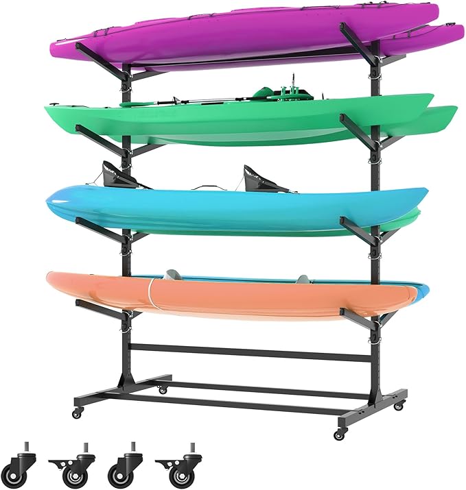 Kayak Storage Rack, Heavy Duty Kayak Stand Canoe Rack with Wheels, Freestanding Kayak Holder Stand for Kayaks, Canoes, Surfboard, Paddleboard Storage-StrideForce Fitness