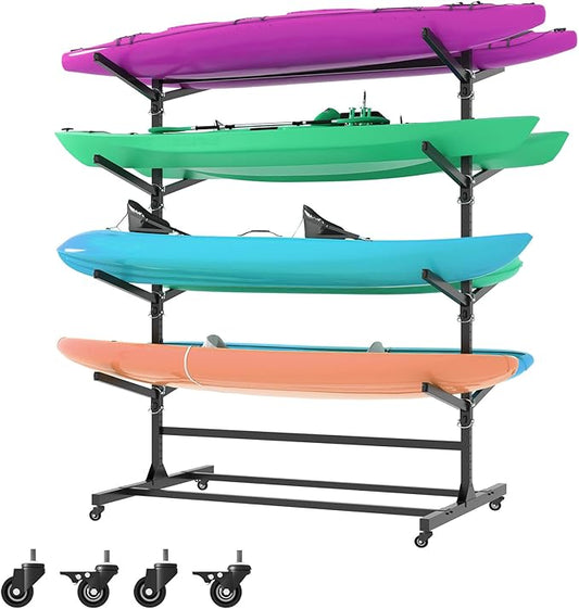 Kayak Storage Rack, Heavy Duty Kayak Stand Canoe Rack with Wheels, Freestanding Kayak Holder Stand for Kayaks, Canoes, Surfboard, Paddleboard Storage-StrideForce Fitness