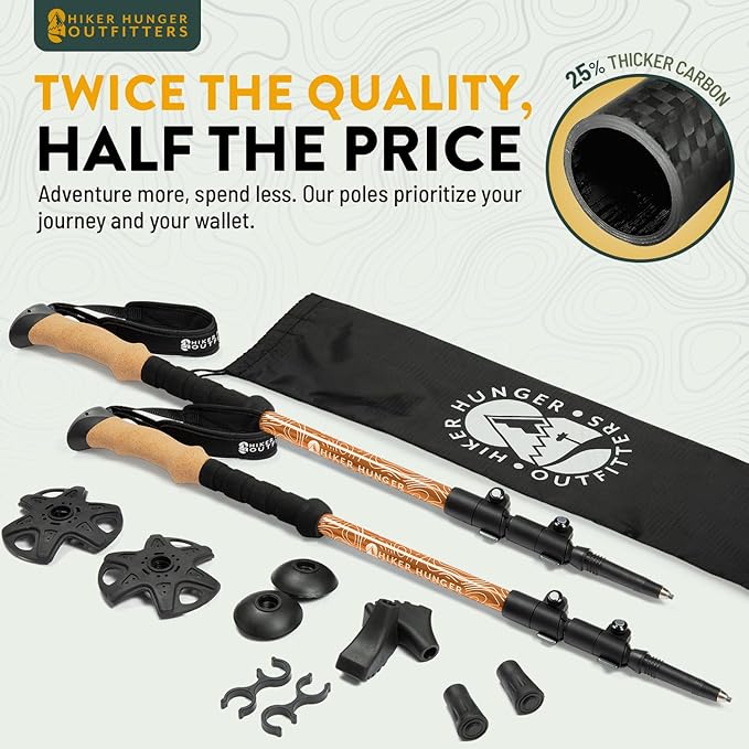 100% Carbon Fiber Trekking Poles by USA Brand - Ultra Strong Lightweight Collapsible Hiking Poles with Cork and EVA Foam Grips & Quick Adjustable Flip Locks-StrideForce Fitness