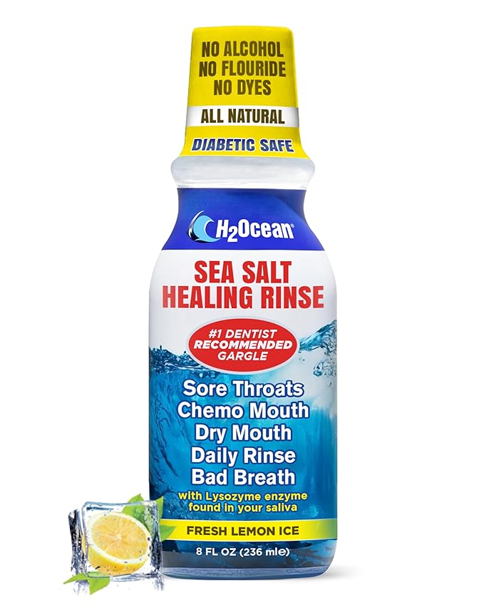 H2Ocean Healing Rinse Natural Sea Salt Oral Care - Mouth Rinse for Oral Care - Great for Piercings, Sore Throats & Gum Health - Alcohol- & Fluoride-Free Mouthwash - Lemon Ice, 8 oz