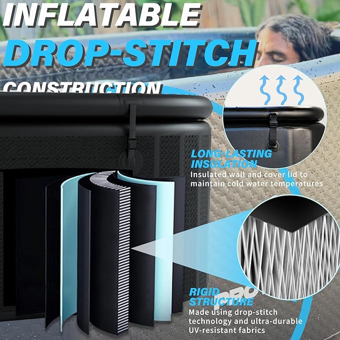 Inflatable Ice Bath Tub for Athletes - Cold Plunge Tub Compatible Water Chiller, Insulated Lid, EVA Groundsheet, Backpack, 115 Gallon, 59" L x 31.5" W x 23.6" H-StrideForce Fitness