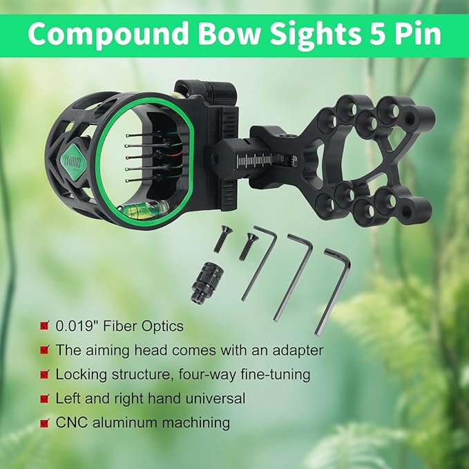 Archery 5-Pin Bow Sight - 0.019" Fiber, Brass Pin, Aluminum Machined - Right and Left Handed, with Hi-Vis Level for Archery, Hunting, Shooting-StrideForce Fitness