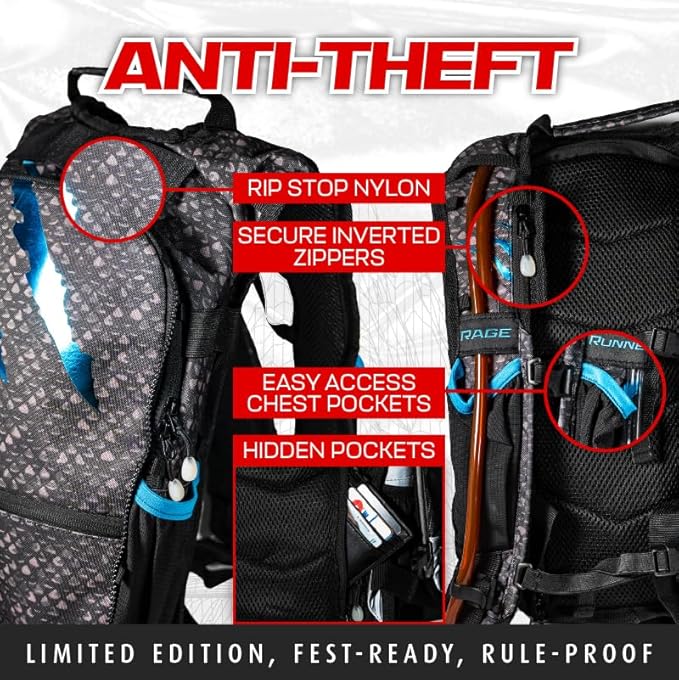 RAVERUNNER® Dino Festival Water Backpack - Dual Chamber Hydration - 3L Insulated Water Backpack for Raves, Festivals, Hiking, Running - Festival Hydration Pack for Hydration Backpack Rave-StrideForce Fitness