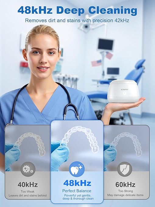 KUNPHY 2026 Ultrasonic Retainer Cleaner Machine, 48kHz Dental Cleaning Pod for Braces, Night Guard, Mouthguard, Toothbrush, Jewelry, 7Oz Denture Cleaner Machine