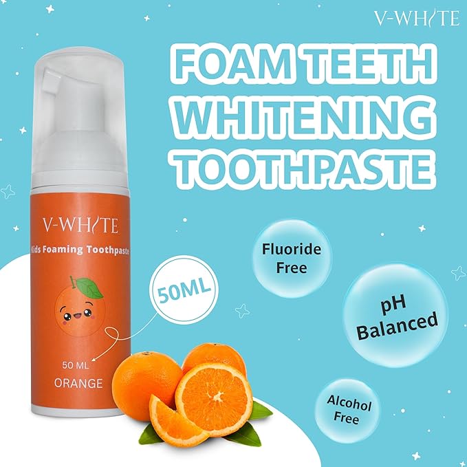 V-White Foam Teeth Whitening Toothpaste - Organic Toothpaste Fluoride Free, Alcohol Free, pH Balanced - Deep Cleansing, Stain Removal, Travel Friendly, for Kids & Adults (Large, Orange)