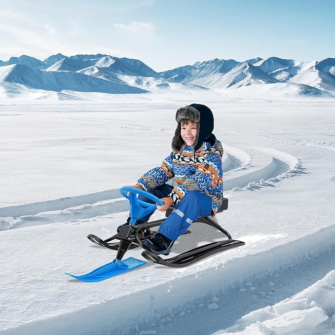 Snow Racer Sled, Ski Sled Slider Board with Steering Wheel, Twin Brakes, Anti-Slip Pedal, Snow Sled for Kids-StrideForce Fitness