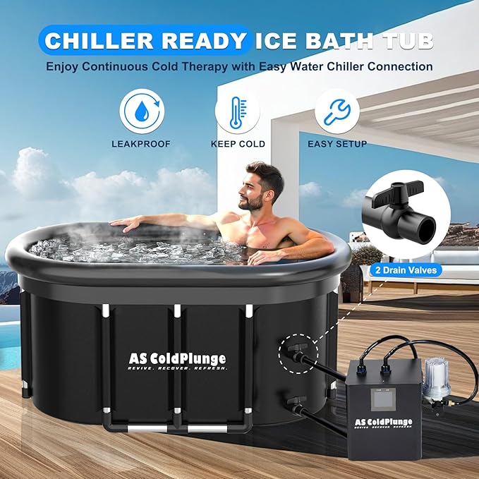 XXL Oval Ice Bath Tub for Cold Plunge, Portable Ice Pod with Lid, 148Gal Inflatable Cold Plunge Tub with 2 Drain Valves for Chiller Connection, Cold Therapy Recovery, Indoor Outdoor Use-StrideForce Fitness