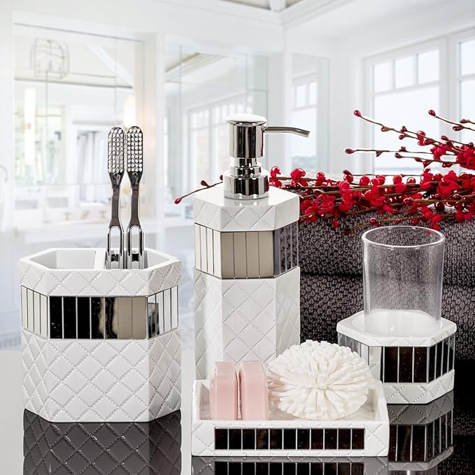 Creative Scents Quilted Mirror Tumbler Cup - Glass Bathroom Toothbrush Holder Cup – Decorative Mug for Rinsing - Best Tumblers for Mouthwash/Rinsing, Elegant Bathroom Decor