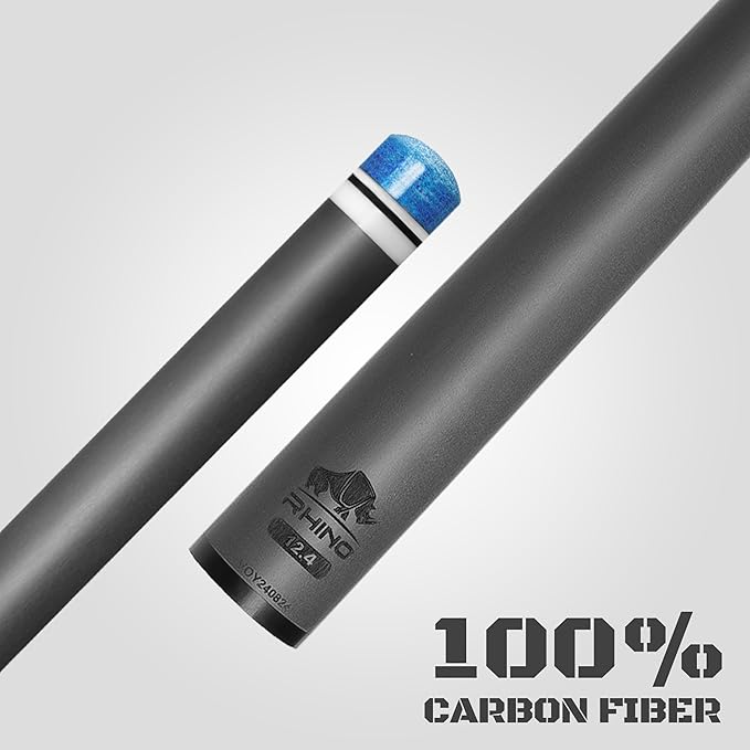 RHINO Nebula 2 Pool Cue - 100% Carbon Fiber Shaft & Composite Butt. Time Crystal Tip, Pro Taper Design, 12.4 mm,12.8 mm. 3/8-8 Joint, 3D Friction Grip. Low Deflection Pool Cue-StrideForce Fitness