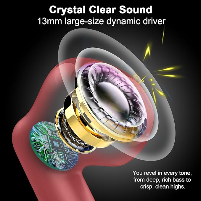 Wireless Earbuds, Bluetooth 5.4 Headphones in Ear with Noise Cancelling Mic, Bluetooth Earbuds Stereo Bass, IP7 Waterproof Sports Earphones, 32H Playtime USB C Charging Ear Buds Red for Android iOS-StrideForce Fitness