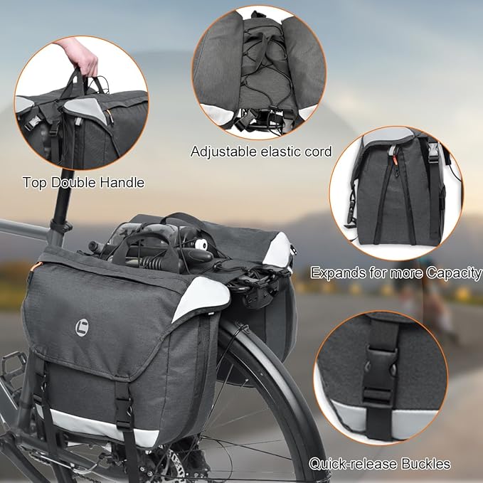 Bike Panniers, Waterproof Panniers Bike Bags for Rear Rack 25L-35L Expandable – Large Bicycle Saddle Bag with Reflective Strips, Double Panniers Storage Cargo Bag for Cycling Traveling Commuting-StrideForce Fitness