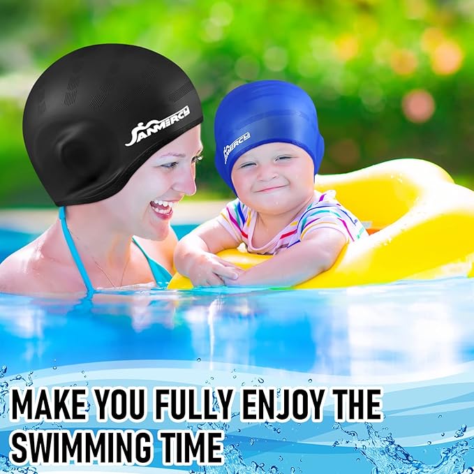 Janmercy 3 Pcs Swim Caps for Boys Girls Silicone Swimming Hat with 3D Ear Pockets for Age 6-15 Bath Hats Short/Long Hair with Ear Plug Nose Clip Supplies-StrideForce Fitness