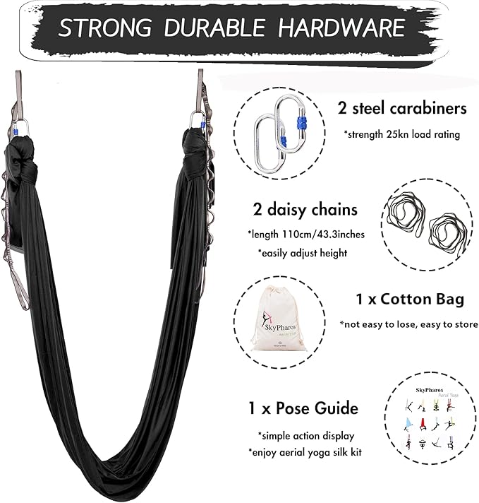 5.5 Yards Aerial Silks Yoga Swing Set - Aerial Yoga Hammock Kit Anti-Gravity Flying for Fitness, Low/Non Stretch Nylon Tricot Fabric Hardware Included for Dance-StrideForce Fitness