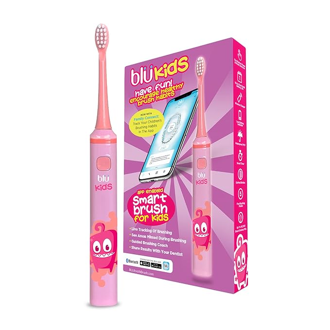 Blu Smart Bluetooth Enabled Kids Toothbrush with Live Tracking App to Teach Children Healthy Brushing Habits, Share Results with Your Dentist, Wireless Rechargeable Electric (Pink)