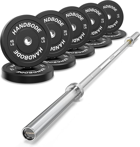 Olympic Bumper Plates Set 2 Inch, 10-55 lbs Rubber Weight Plates with 45 lb (20kg) Black/Silver Barbell, Strength Training & Weight Lifting for Home Gym-StrideForce Fitness