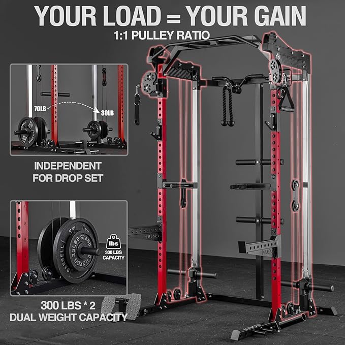 Mikolo Power Cage, 2000LB Power Rack with Independent Dual Pulley System, Multi-Function Home Gym Workout Machine for Cable Crossover-StrideForce Fitness