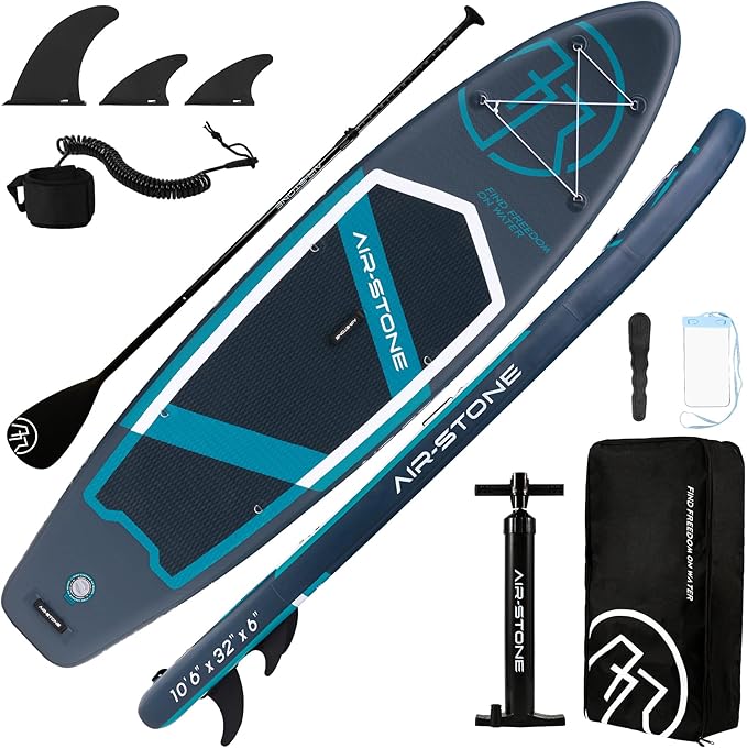 AIR-STONE 10'6” 450 lb Capacity，Inflatable Stand Up Paddle Board with sup Accessories Including Backpack, Repairing Kits, Non-Slip Deck, Leash, 3 Fins, Paddle and Hand Pump-StrideForce Fitness