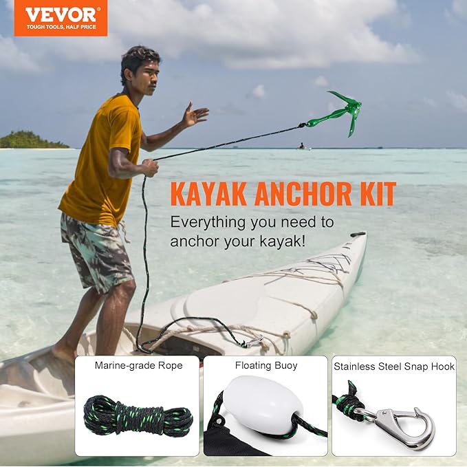 VEVOR Kayak Anchor Kit, 3.5 lb Paddle Board Anchor Kit with 26.2 ft/8 m Rope and Buoy, Folding Small Boat Anchor with Storage Bag and Snap Hook, Kayak Accessories for Kayaks, Small Boats, Canoes-StrideForce Fitness