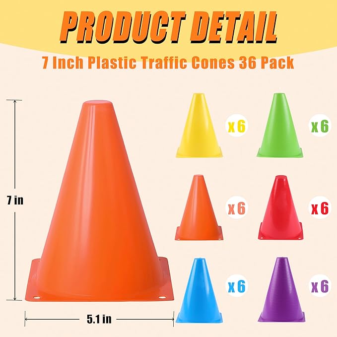 7" Soccer Cones for Training, 36 Pack Sports Agility Field Plastic Small Cones for Kids Skating Basketball Football Practice Drills, 6 Colors-StrideForce Fitness