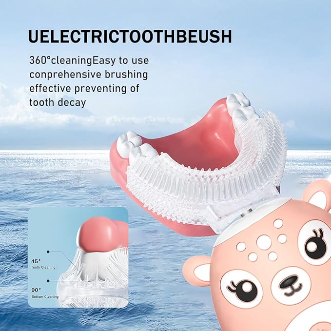 Kids Electric Toothbrushs U Shaped sonic Automatic Toothbrush with 4 Brush Heads, Six Cleaning Modes,Cartoon deer Modeling , full mouth toothbrush for baby