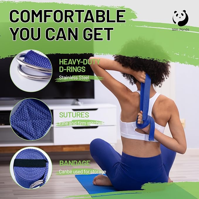 Slim Panda Yoga Strap for Stretching,Cotton Yoga Strap with Adjustable D-Ring Buckle,Non-Elastic Yoga Belt for Pilates,Gym Workouts,Physical Therapy,Improve Flexibility-StrideForce Fitness
