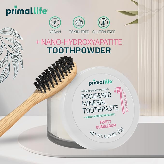 Primal Life Organics - Dirty Mouth Toothpowder, Tooth Cleaning Powder, Flavored Essential Oils with Natural Kaolin & Bentonite Clay, Good for 60+ Brushings, Organic, Vegan (Sweet Bubblegum, 0.25 oz)