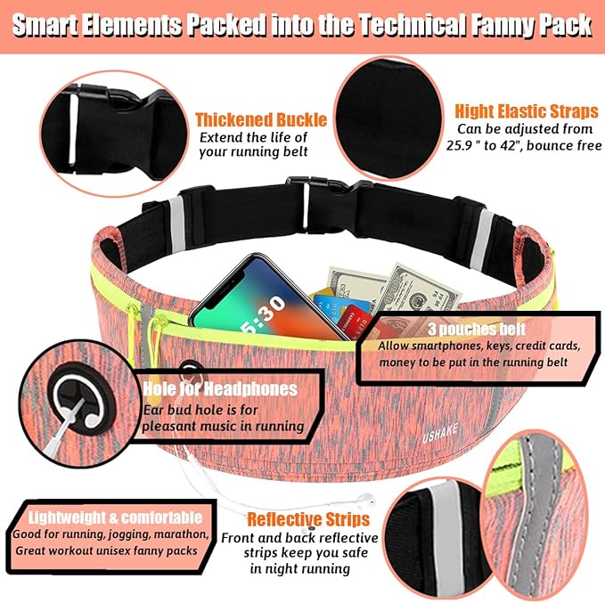 USHAKE Slim Running Belt, Workout Fanny Pack for Men Women,Exercise Waist Pack for Apple iPhone Holder, Runner Belt for Running Walking Cycling Camping Gym-StrideForce Fitness