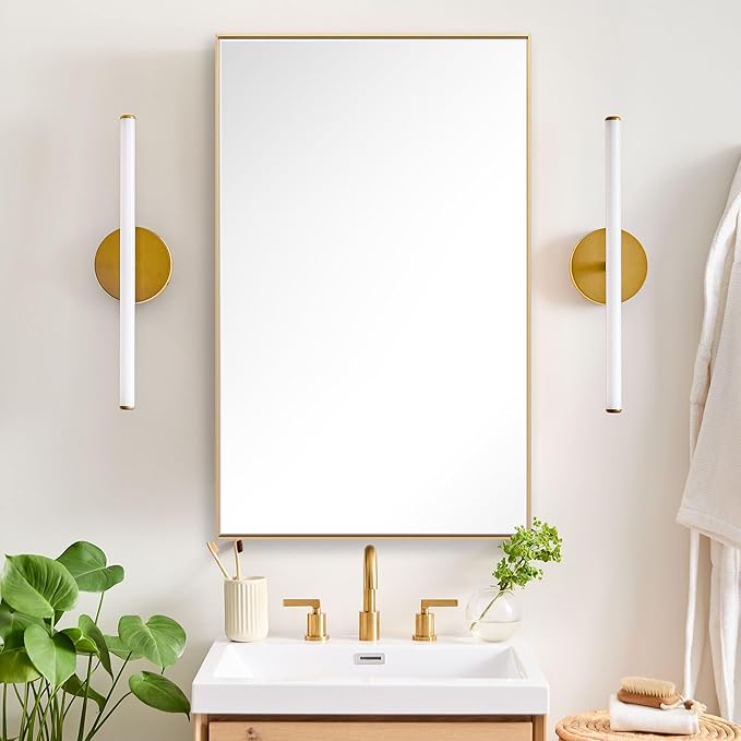 27x40 Inch Orange Gold Bathroom Mirror for Wall, Aluminum Frame Rectangle Rectangular Vanity Mirror, Modern Large for Bedroom, Living Room, Horizontal or Vertical-StrideForce Fitness