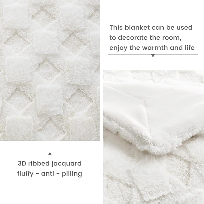 Cozy Bliss Faux Fur Throw Blanket for Couch - Soft Checkered Fuzzy Cozy Throw Gift Blankets for Women,Cream White Boho Blanket for Sofa Bedroom Living Room.60 * 80 Inches-StrideForce Fitness