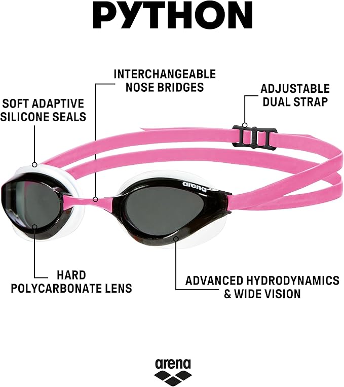 ARENA Unisex Python Racing Swim Goggles for Men and Women Anti-Fog No Leak Max Comfort Dual Strap, Mirror/Non-Mirror Lens-StrideForce Fitness