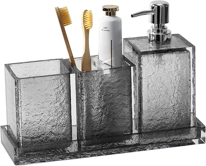 Bathroom Accessories Set, 4Pcs Hand Soap Dispenser and Toothbrush Holder Set, Tumbler Mouthwash Cup, Vanity Tray for Modern Home Decor Bathroom Countertop Organizer (Grey)