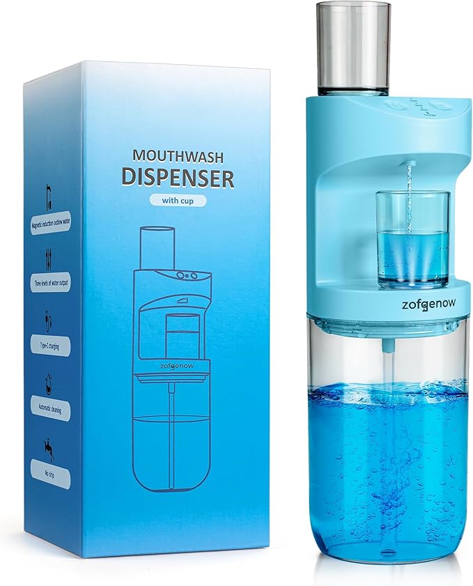 Automatic Mouthwash Dispenser for Bathroom,Bathroom Accessories 19.4 Fl Oz Dispensers with Magnetic Cups,Wall Mounted Dispenser,Suitable for All Age Groups,Blue