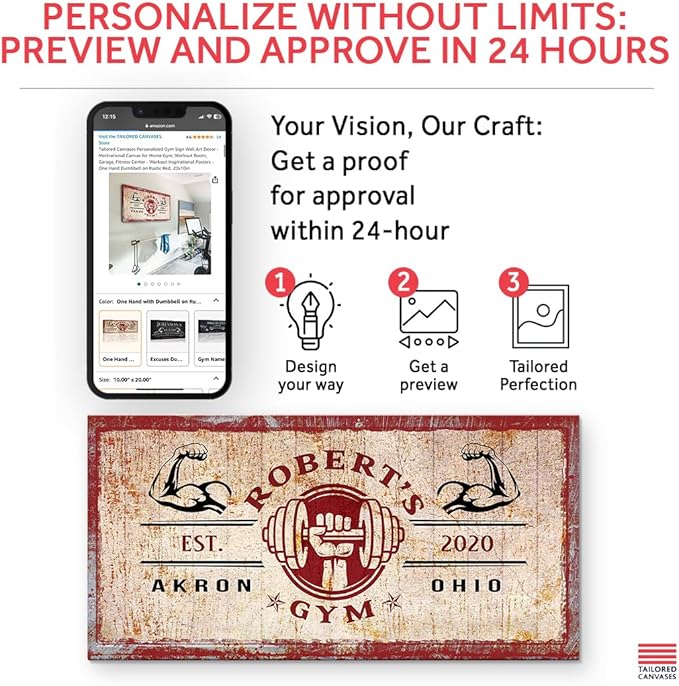 Tailored Canvases Personalized Gym Sign Wall Art Decor - Motivational Canvas for Home Gym, Workout Room, Garage, Fitness Center - Workout Inspirational Posters - One Hand Dumbbell on Rustic Red, 48x24in-StrideForce Fitness