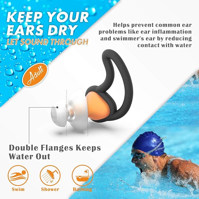 Hearprotek Ear Plugs for Swimming, [2 Pairs] Swim Ear Plugs Adults-Waterproof Silicone Water earplugs for Men Women Juniors Swimmers Pool Shower Bathing (Orange)-StrideForce Fitness