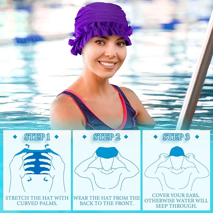 Soulchen 3 Pcs Swim Cap Women Adult with Ruffled Edges Nylon Cloth Swimming Cap for Women Bathing Hats Swim Turban Waterproof Swimming Hat-StrideForce Fitness