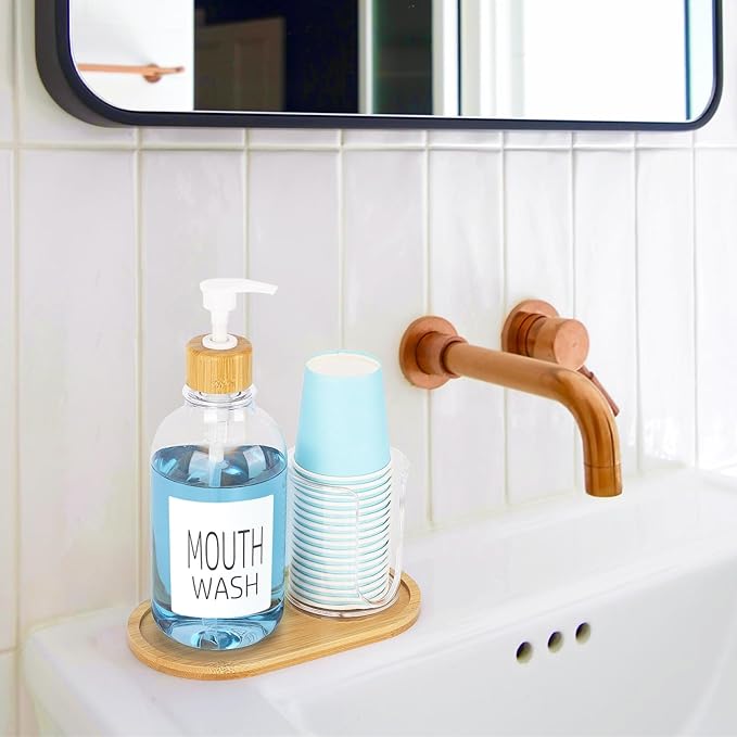 Mouthwash Dispenser with Cup Holder, Plastic Mouth Wash Pump Bottle with Tray for Bathroom Organizers, 17oz Refillable Clear Mouthwash Container - Bamboo