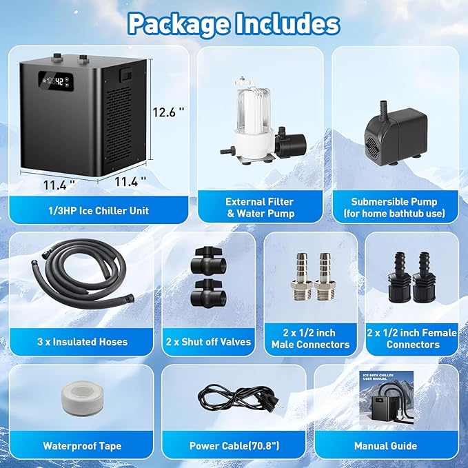Ice Bath Water Chiller for Cold Plunge Tubs, 1/3 HP Upgraded Cold Plunge Chiller with External Filter & Pump, Energy-Efficient Cooling for Cold Therapy, Home & Outdoor Recovery-StrideForce Fitness