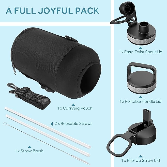 Coolflask Water Bottle 87 oz with Straw, 2/3 Gallon Insulated Stainless Steel Large 3 Lids Big Water Jug for Sports or Office, Non-BPA Keep Cold Up to 48 Hrs or Hot Up to 24 Hrs, Samurai Cyan-StrideForce Fitness