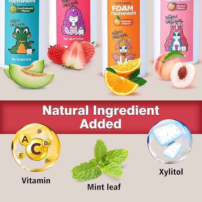 NOHOO Fluoride Free Foam Toothpaste Kids Fruit Flavour,Natural Training Toothpaste for Baby Toddler Children Oral Cleaning and Cavity Protection(Strawberry + Peach)