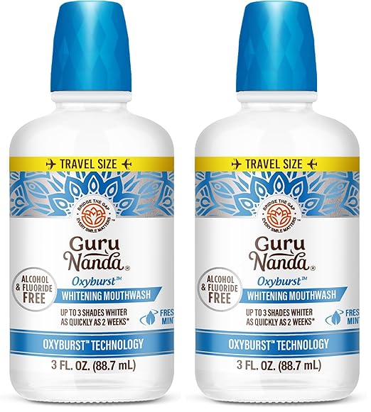 GuruNanda Oxyburst Teeth Whitening Mouthwash – Alcohol & Fluoride Free, with Hydrogen Peroxide & 7 Essential Oils, for On-The-Go Freshness, TSA Friendly, Wild Mint, 3 fl oz (Pack of 2)