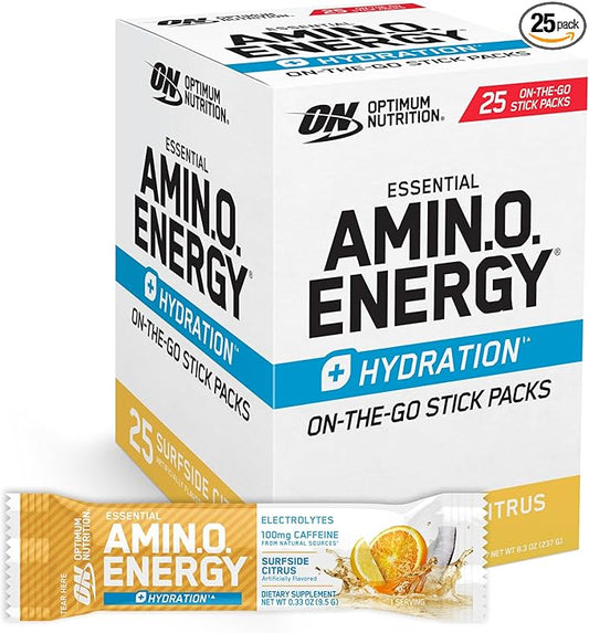 Optimum Nutrition Amino Energy Plus Hydration Packets, On-The-Go Caffiene Stick Packs, Surfside Citrus, 25 Count-StrideForce Fitness