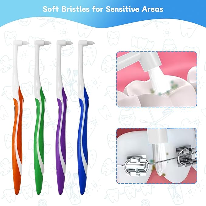 4-Pack Tuft Toothbrushes for Orthodontic Care, Interspace Tufted Brush with End-tuft Tapered Design, Soft Trim Bristles for Braces, Bridges, and Wisdom Teeth Gap, Dental Health Oral Care Tools