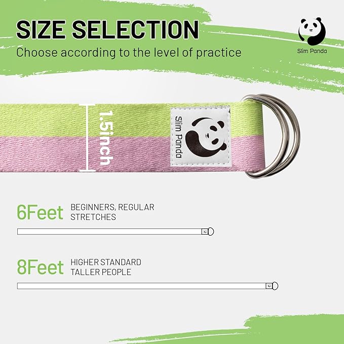 Slim Panda Yoga Strap for Stretching,Cotton Yoga Strap with Adjustable D-Ring Buckle,Non-Elastic Yoga Belt for Pilates,Gym Workouts,Physical Therapy,Improve Flexibility-StrideForce Fitness