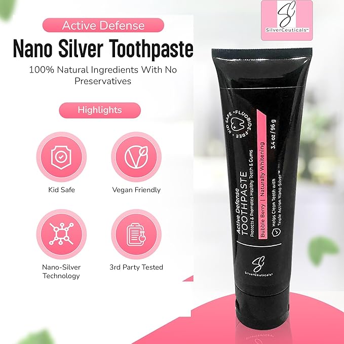 Colloidal Silver Toothpaste - Bubble Berry - Remineralize Tooth Enamel - SLS & Fluoride Free Cavity Protection - Gum Health - Bad Breathe - Gingivitis - Coral Calcium & Xylitol - 3.4oz - Pack of 2