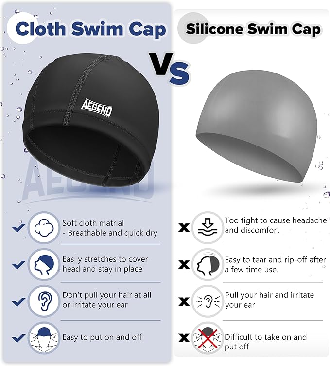 Aegend Fabric Swim Cap, Silicone Waterproof Layer - Breathable Cloth Swimming Cap, Keep Hair Dry with Hight Elasticity for Youth(8-16) Adult, 2 Sizes to Choose-StrideForce Fitness