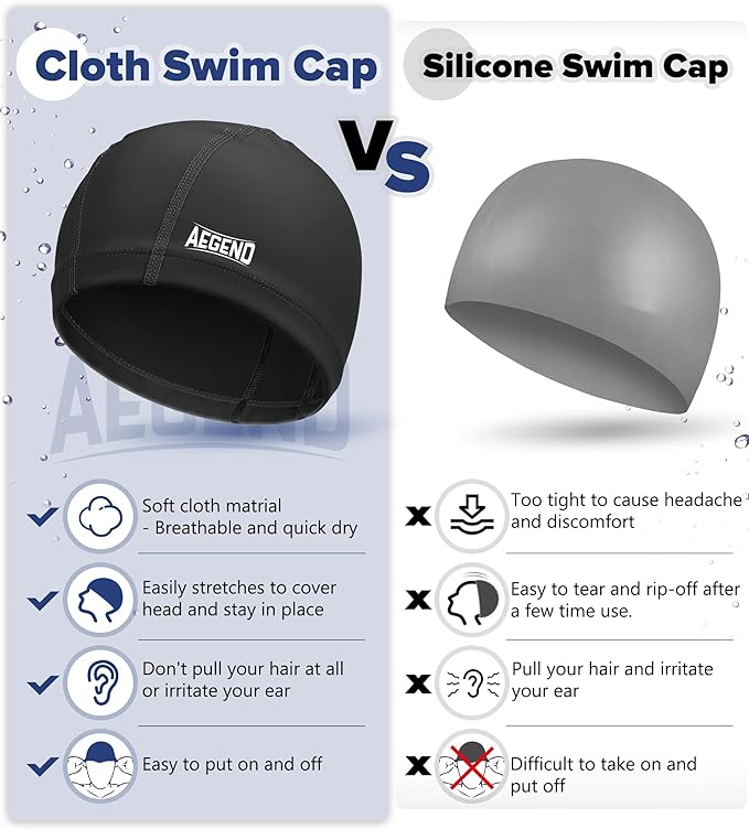 Aegend Fabric Swim Cap, Silicone Waterproof Layer - Breathable Cloth Swimming Cap, Keep Hair Dry with Hight Elasticity for Youth(8-16) Adult, 2 Sizes to Choose-StrideForce Fitness