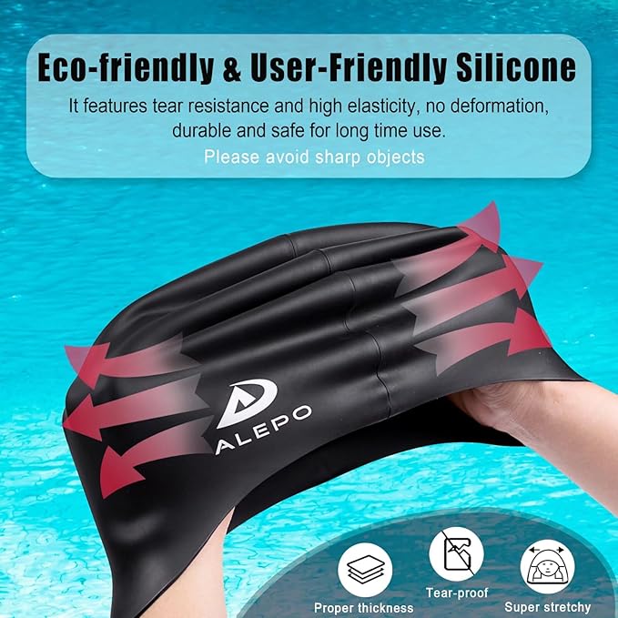 Alepo Extra Large Swim Cap for Women Men, Durable Silicone Swimming Hat with Ear Protection, Unisex Adults Bath Swimming Caps for Long Thick Curly Hair & Dreadlocks Braids Weaves Afro Hair-StrideForce Fitness