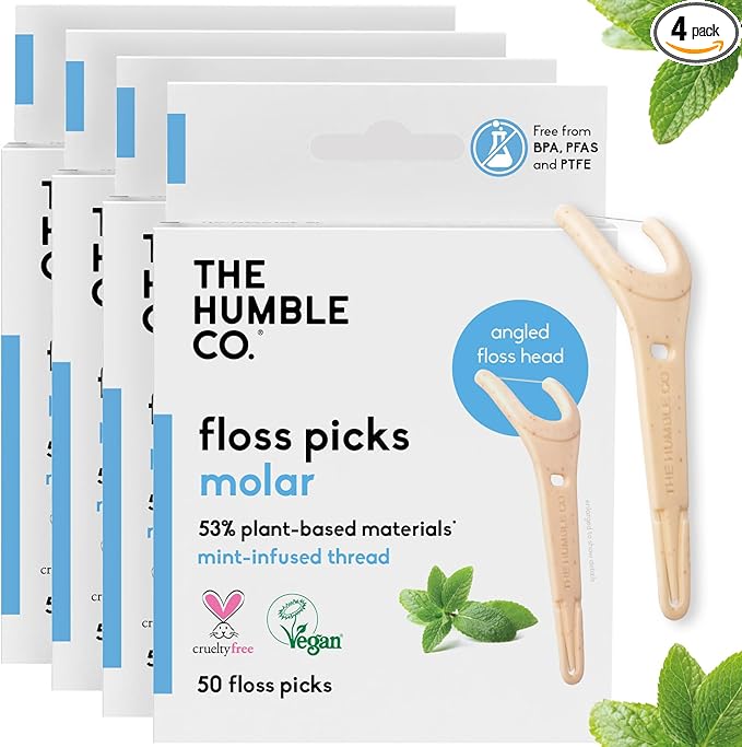 The Humble Co. Floss Picks (200 Count) – Plant Based Dental Floss Picks with Grip Handle for Superior Oral Care, Dental Hygiene, and Gum Health, Cruelty Free Tooth Floss Picks (Mint)
