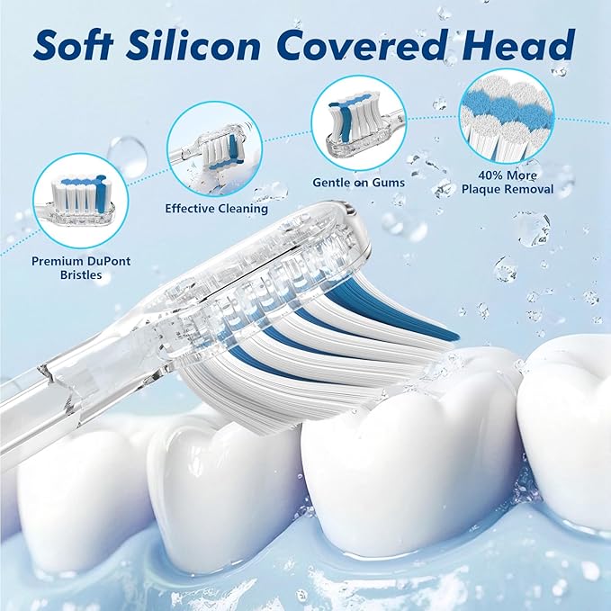 Sonic Electric Toothbrush for Adults with 6 Replacement Brush Heads and 4 Cleaning Modes, Rechargeable Toothbrush, Smart Timer, LCD Display, 4-Hour Fast Charge, IPX7 Waterproof, Travel-Friendly White
